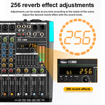 8-kanalni USB Bluetooth mikser za konferencijske snimke, 256 reverbi, SNR ≥70 dB, raspon 100 Hz–20 kHz