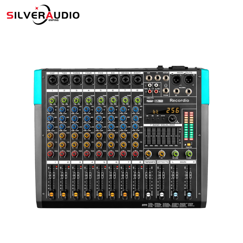 8-kanalni USB Bluetooth mikser za konferencijske snimke, 256 reverbi, SNR ≥70 dB, raspon 100 Hz–20 kHz