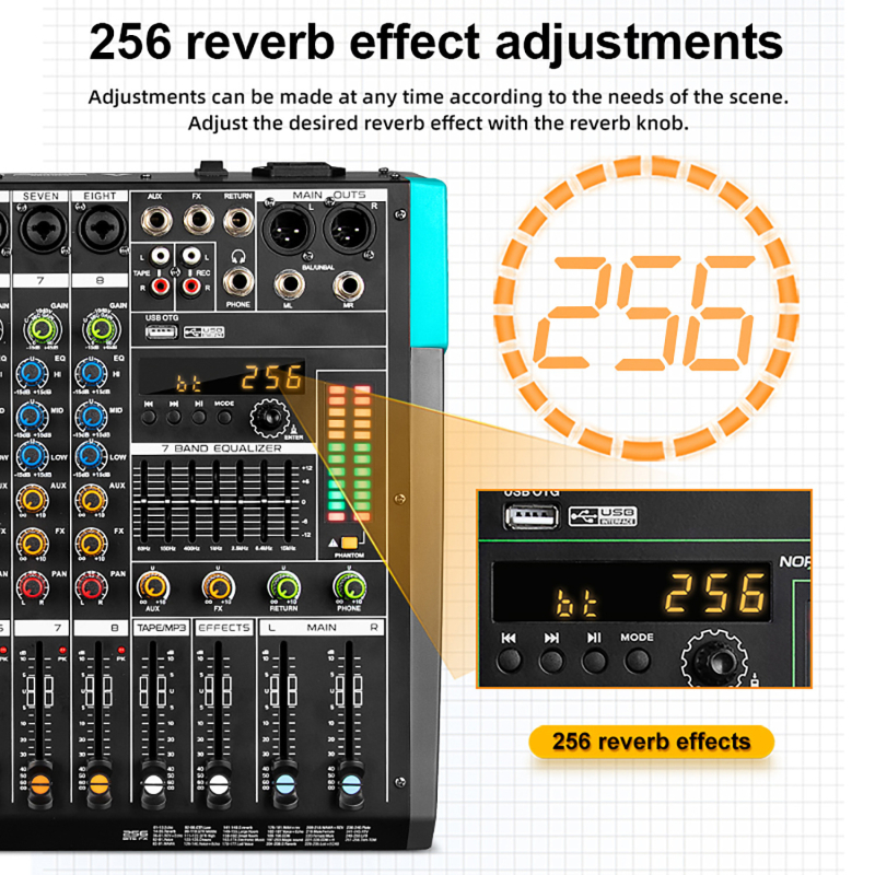 8-kanalni USB Bluetooth mikser za konferencijske snimke, 256 reverbi, SNR ≥70 dB, raspon 100 Hz–20 kHz