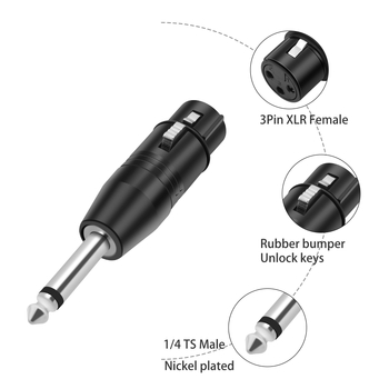Adapter 6,35 mm mono na XLR-3 ženski, crni elektroplatirani kućište od cinkove legure
