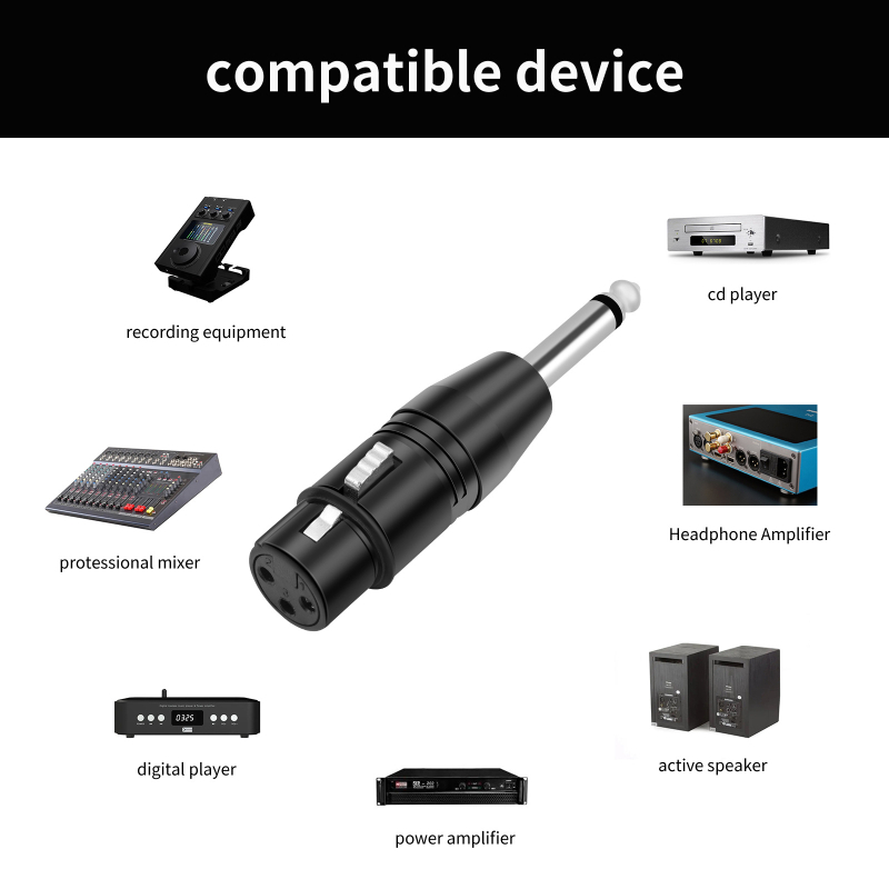 Adapter 6,35 mm mono na XLR-3 ženski, crni elektroplatirani kućište od cinkove legure