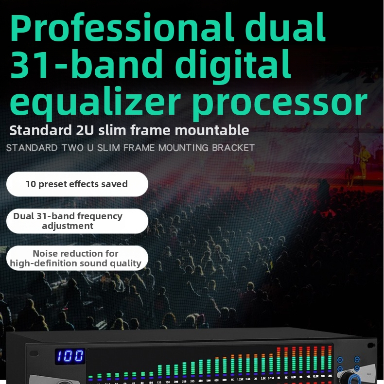 LAIKESI Digitális kettős 31-sávos equalizer intelligens zajcsökkentéssel — hangprocesszor karaoke bárhoz és színpadi előadásokhoz, 220V, 3.2 kg