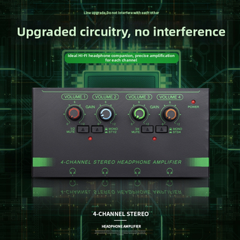 Amplificator de căști cu patru canale, comutator mono/stereo, splitter de semnal mini, intrări pentru microfon și instrument — Model PI-4H, Putere 50