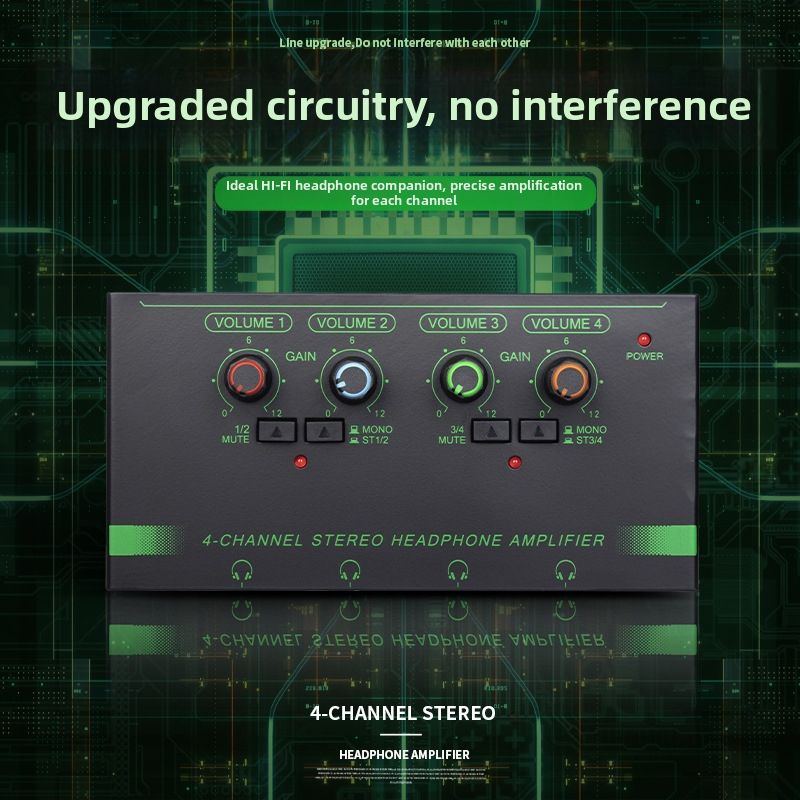 Amplificator de căști cu patru canale, comutator mono/stereo, splitter de semnal mini, intrări pentru microfon și instrument — Model PI-4H, Putere 50
