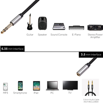 Cablu adaptor audio cu cupru torsadat, 6,35 mm la 3,5 mm, stereo, pentru chitară electrică și mixer, CE certificat, audio/video