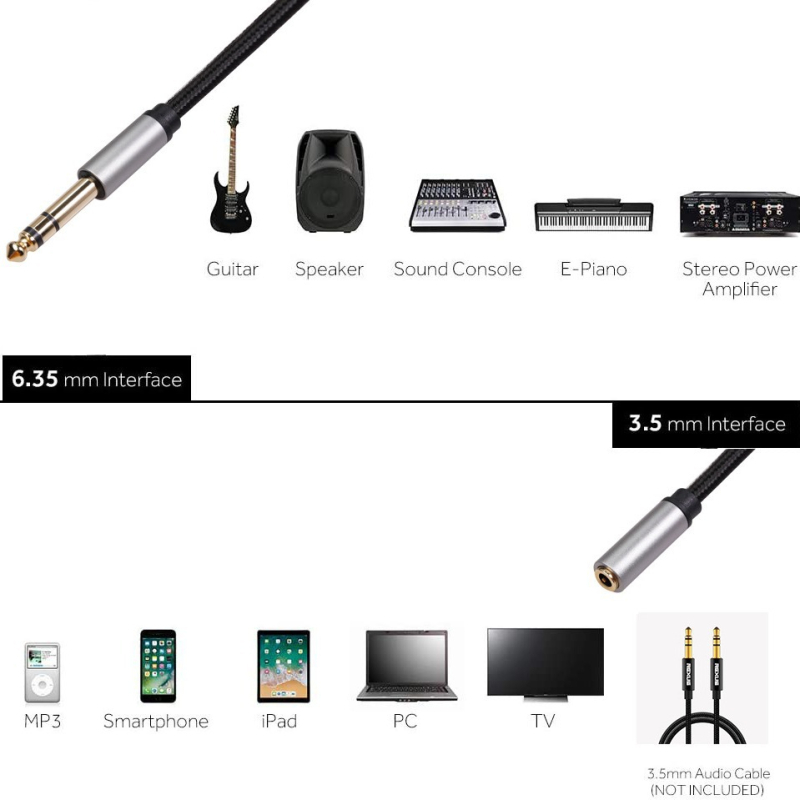 Cablu adaptor audio cu cupru torsadat, 6,35 mm la 3,5 mm, stereo, pentru chitară electrică și mixer, CE certificat, audio/video