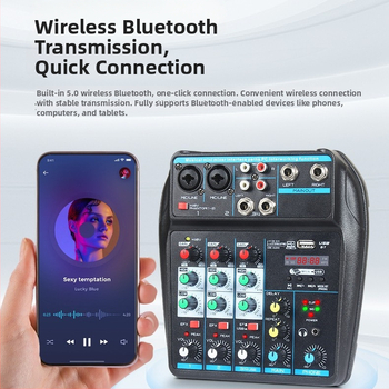 Bluetooth 4-csatornás keverő élő közvetítéshez, USB-interfésszel és beépített reverb processzorral