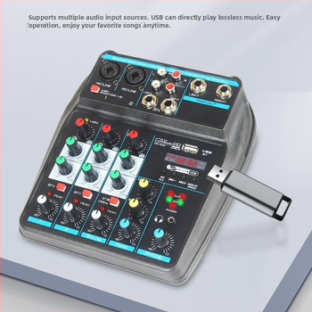 Bluetooth 4-csatornás keverő élő közvetítéshez, USB-interfésszel és beépített reverb processzorral