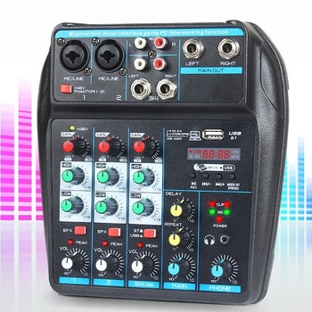 Bluetooth 4-csatornás keverő élő közvetítéshez, USB-interfésszel és beépített reverb processzorral