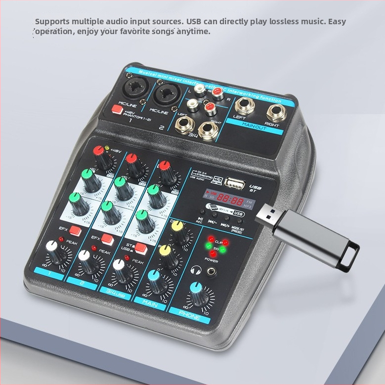 Bluetooth 4-csatornás keverő élő közvetítéshez, USB-interfésszel és beépített reverb processzorral