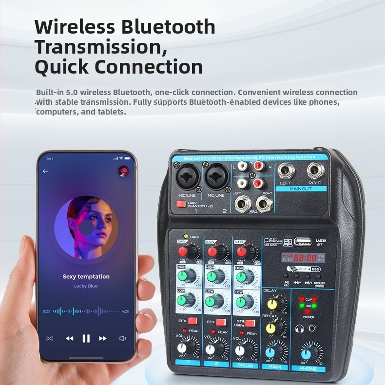 Bluetooth 4-csatornás keverő élő közvetítéshez, USB-interfésszel és beépített reverb processzorral