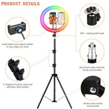 Lumină RGB cu trepied pentru live streaming, suport pe podea, montare verticală, putere sub 10W, tensiune 10V