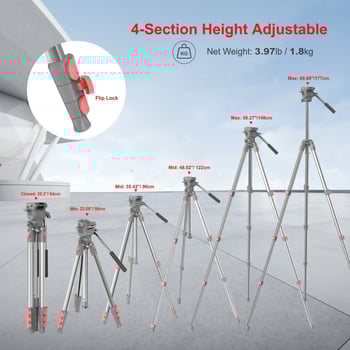 Tripod cu cap hidraulic pentru DSLR/mirrorless, 3 secțiuni, aliaj de aluminiu, placă cu eliberare rapidă, sarcină 2–5 kg, suport portabil pentru streaming