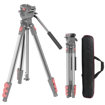 Tripod cu cap hidraulic pentru DSLR/mirrorless, 3 secțiuni, aliaj de aluminiu, placă cu eliberare rapidă, sarcină 2–5 kg, suport portabil pentru streaming