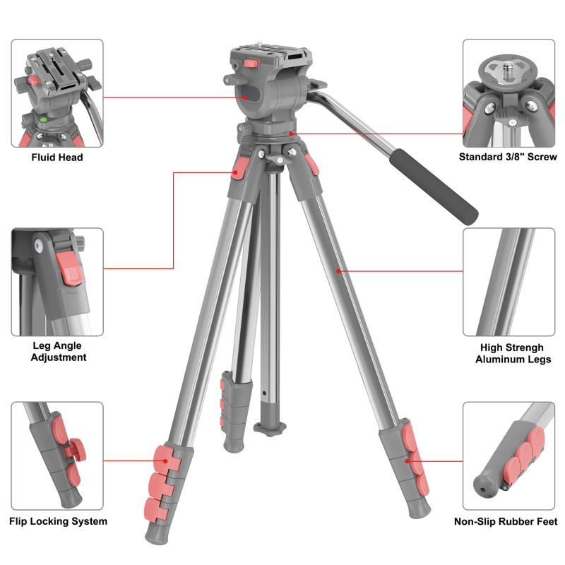 Tripod cu cap hidraulic pentru DSLR/mirrorless, 3 secțiuni, aliaj de aluminiu, placă cu eliberare rapidă, sarcină 2–5 kg, suport portabil pentru streaming