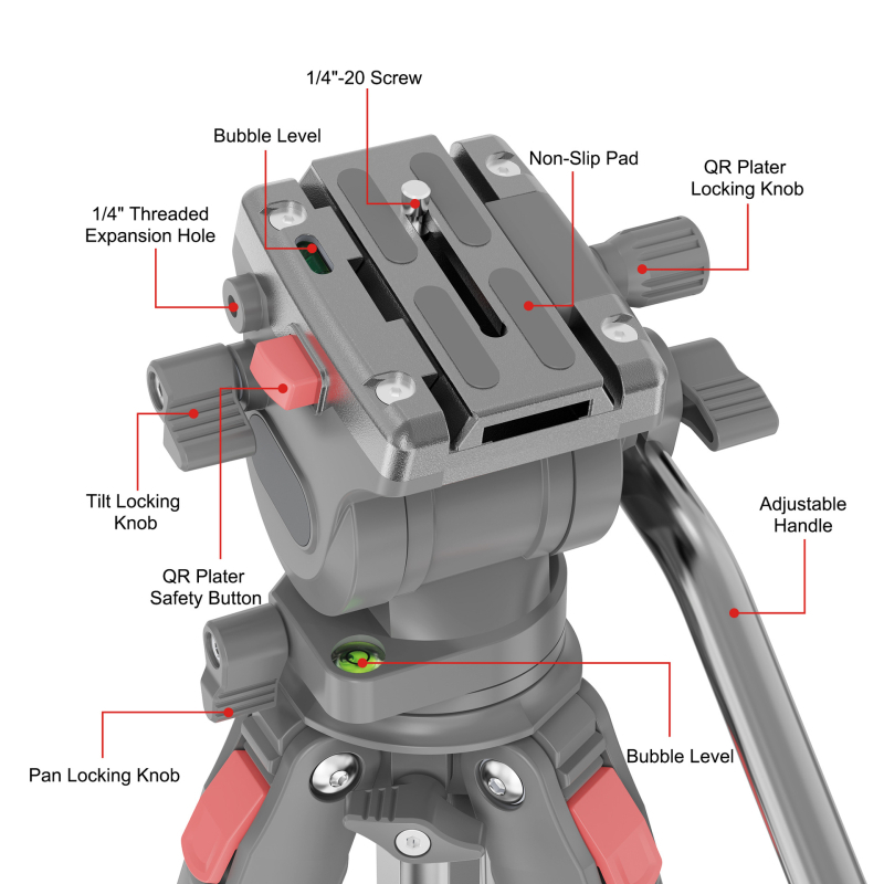 Tripod cu cap hidraulic pentru DSLR/mirrorless, 3 secțiuni, aliaj de aluminiu, placă cu eliberare rapidă, sarcină 2–5 kg, suport portabil pentru streaming