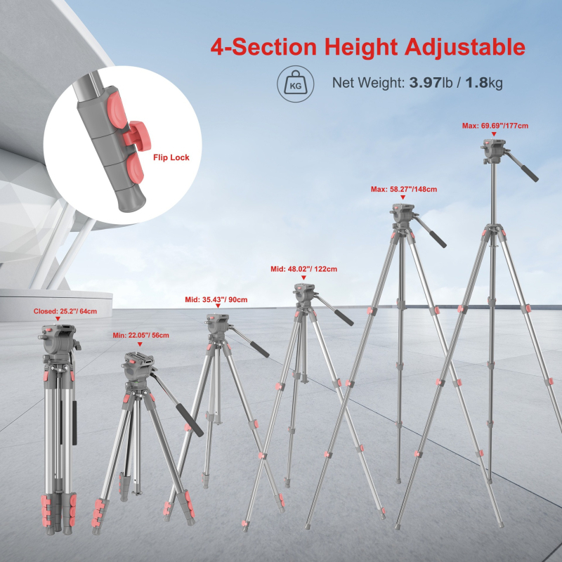 Tripod cu cap hidraulic pentru DSLR/mirrorless, 3 secțiuni, aliaj de aluminiu, placă cu eliberare rapidă, sarcină 2–5 kg, suport portabil pentru streaming