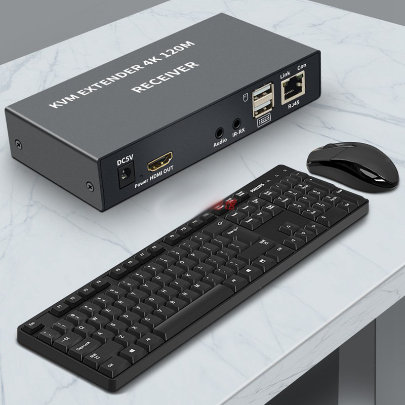 Extensor KVM 4K (3840x2160@30Hz), RJ45 către HDMI prin rețea, până la 120 m, cu IR loop-out și separare audio, model HKM120