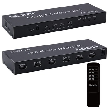 Matrix HDMI 2x4 cu comutare ieșire audio, 4K@60Hz, comutator/distribuitor, telecomandă inclusă