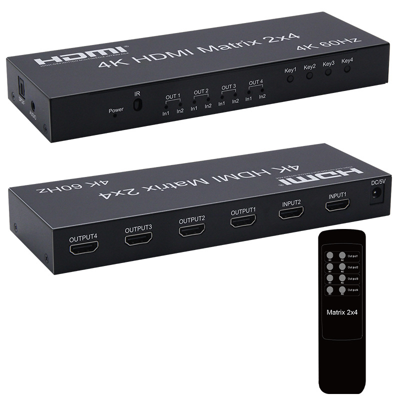 Matrix HDMI 2x4 cu comutare ieșire audio, 4K@60Hz, comutator/distribuitor, telecomandă inclusă