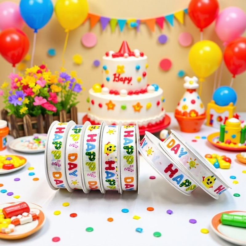 Poliester traka 1,5 cm s motivom 'Happy Birthday' za pakiranje poklona i torti