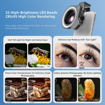 Lentilă macro Apexel pentru telefon cu diafragmă mare și iluminare de umplere de 52 mm, pentru fotografii ale artei unghiilor, lentile de contact și bijuterii