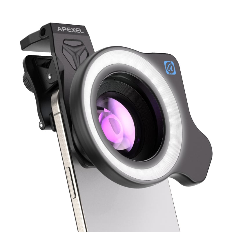 Lentilă macro Apexel pentru telefon cu diafragmă mare și iluminare de umplere de 52 mm, pentru fotografii ale artei unghiilor, lentile de contact și bijuterii