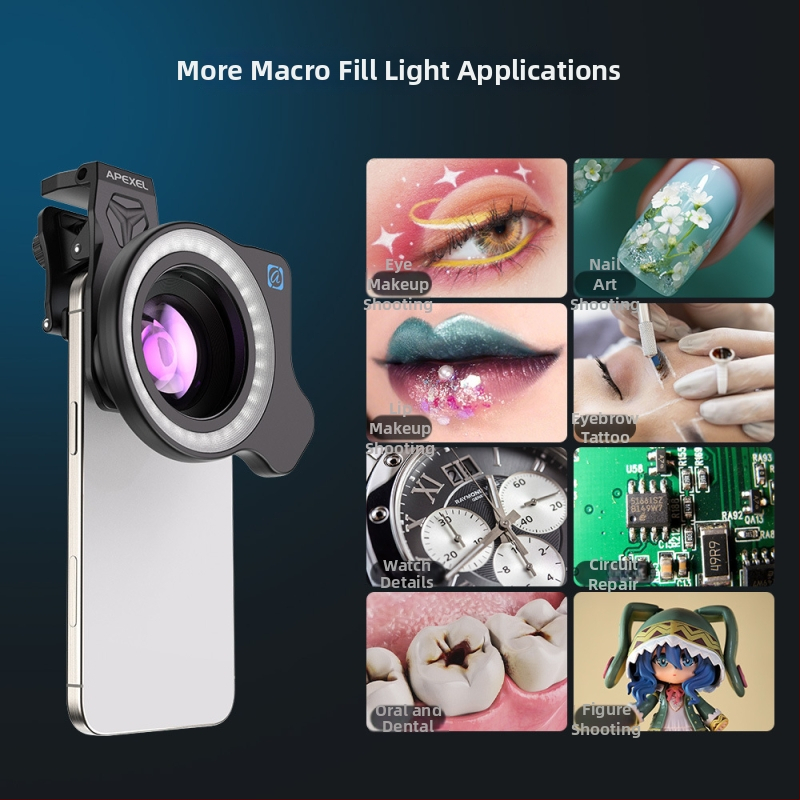 Lentilă macro Apexel pentru telefon cu diafragmă mare și iluminare de umplere de 52 mm, pentru fotografii ale artei unghiilor, lentile de contact și bijuterii