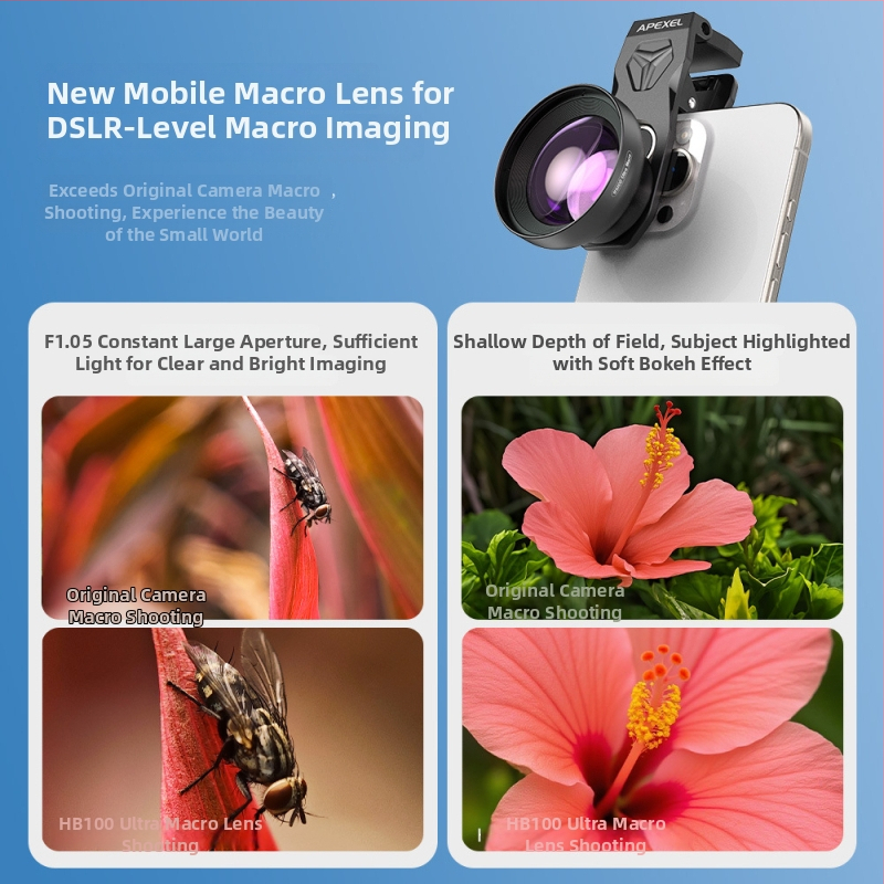 Lentilă macro Apexel pentru telefon cu diafragmă mare și iluminare de umplere de 52 mm, pentru fotografii ale artei unghiilor, lentile de contact și bijuterii