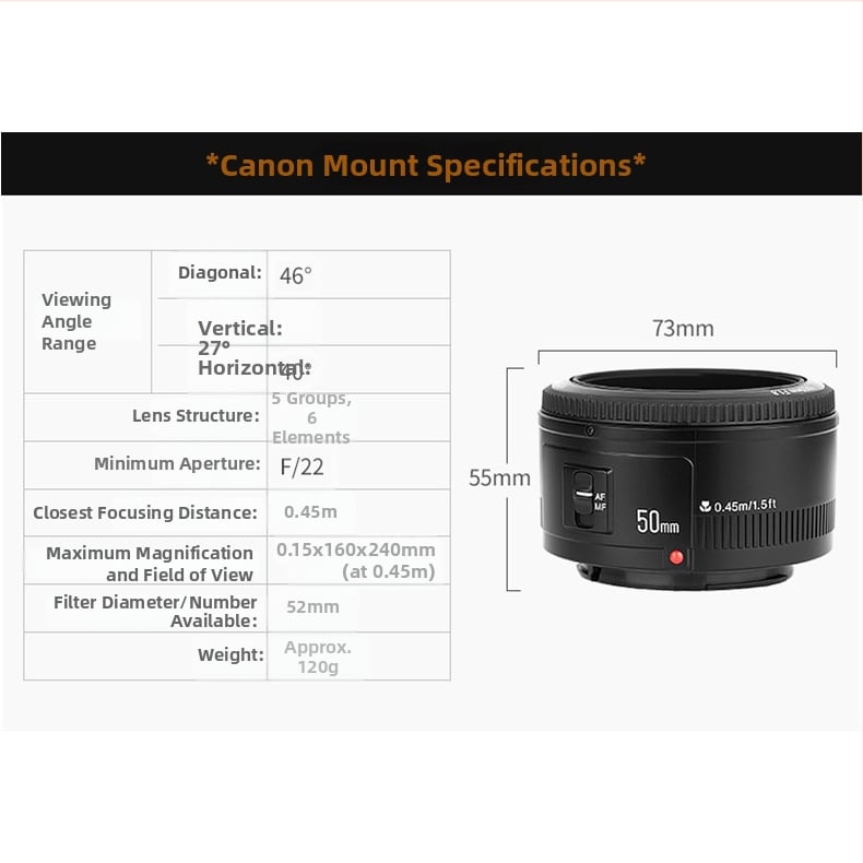 Yongnuo obiectiv fix 50mm f/1.8 C Canon EF AF pentru DSLR full-frame, 52mm filtru