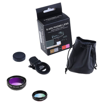 Lentilă pentru telefon 2-in-1 cu clips: montaj 37 mm, 0.45x unghi larg, filtru UV, macro