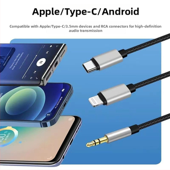 Viacnásobný audio kábel s konektormi USB-C, Lightning, 3,5 mm a RCA, niklované konektory, meďové vodiče, CE certifikát