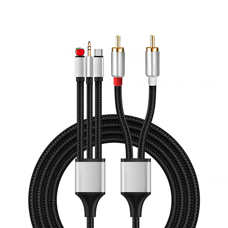 Cablu audio cu mai multe capete USB-C, Lightning, 3,5 mm și RCA, conectori placati cu nichel, conductori din cupru, certificat CE