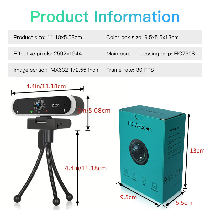 LEDEFU Cameră web 4K USB 2.0 pentru PC, microfon încorporat, autofocus, 30FPS