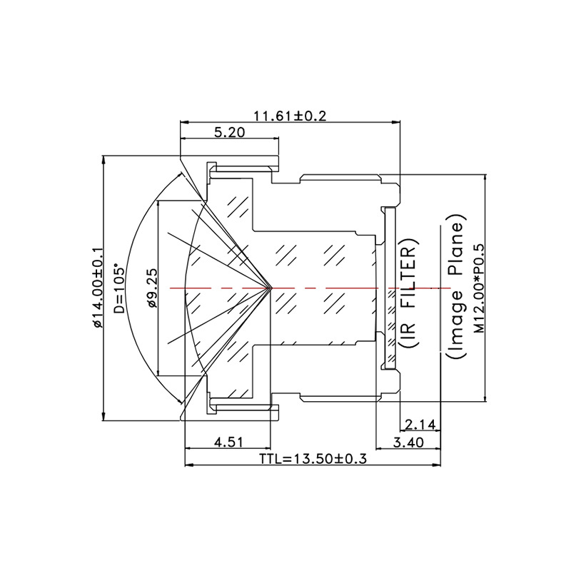 Φακός σταθερής εστίασης | 2,8 mm εστιακό μήκος | διάφραγμα f/2,8 | γωνία θέασης 105° | νήμα M12×0,5