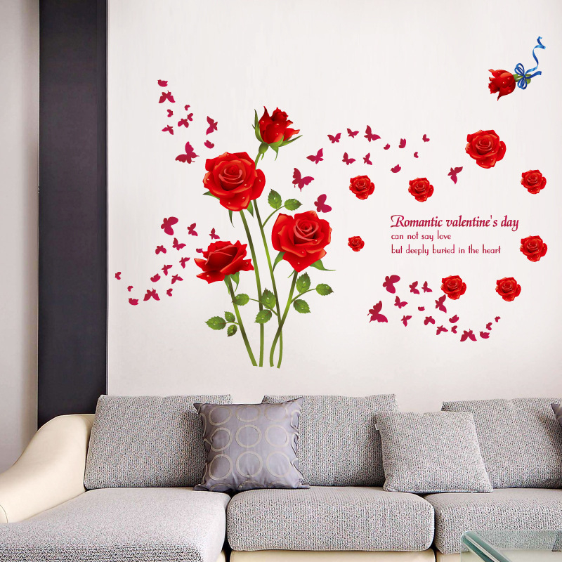 Trodimenzionalni PVC zidni mural naljepnica – Romantična crvena ruža, za dnevni boravak (PVC; mural; prostor: dnevni boravak)