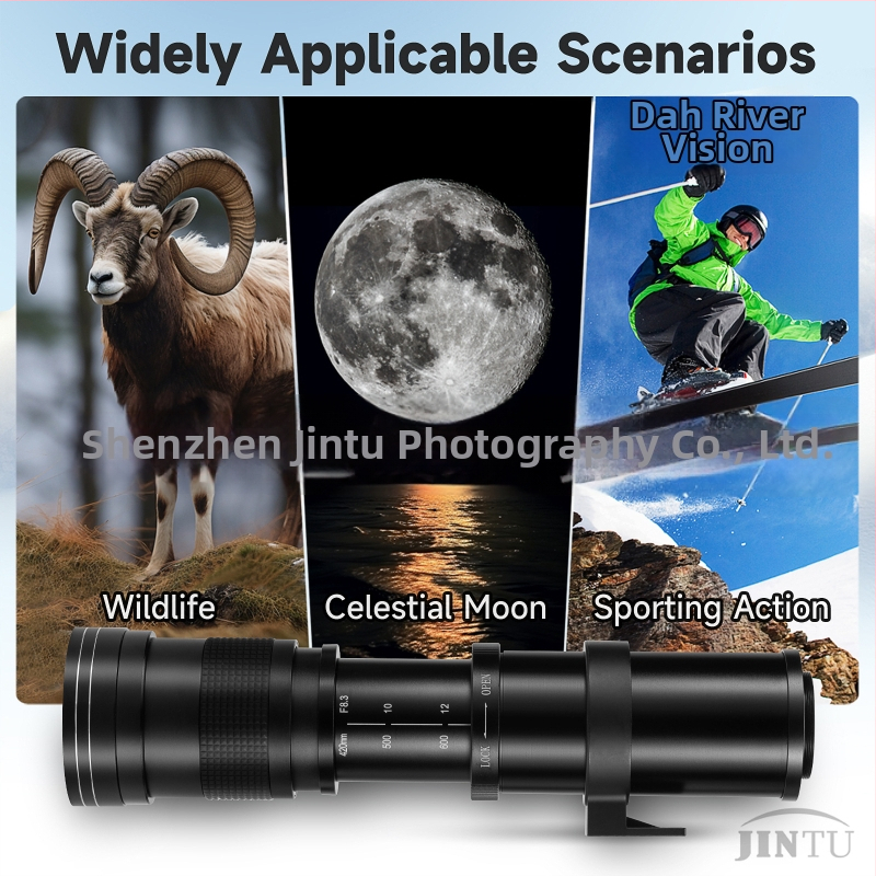 JINTU 420-800mm telezoom objektív pre Canon - 67mm filter, minimálna zaostrovacia vzdialenosť 1,5 m, clona f/8.3–f/16, full-frame