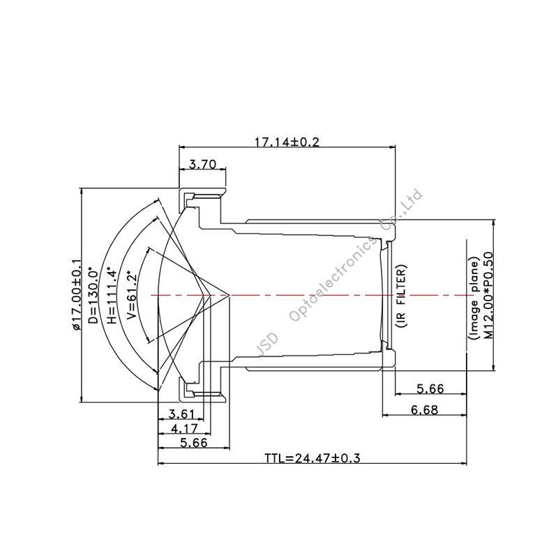 Lentilă cu focalizare fixă, unghi larg 130°, distanță focală 4.07 mm, diafragma maximă f/2.0, focalizare la 30 cm — Gold Vision