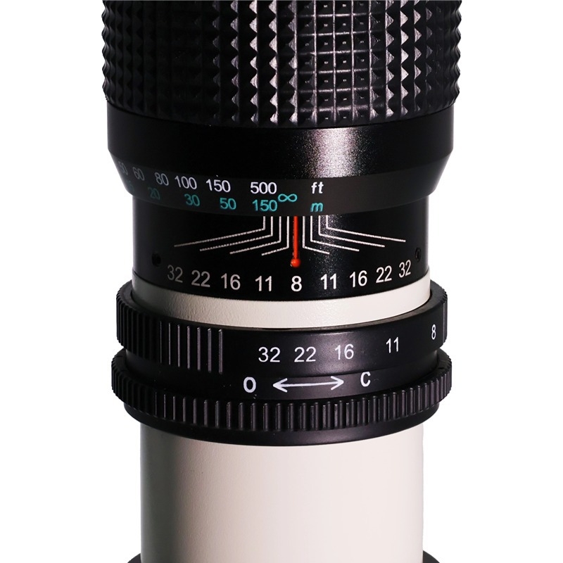 Обектив с фиксиран фокус 500 мм за пълнокадрови камери, 5° зрително поле, минимално фокусно разстояние 10 м, максимална светлосила F/8.0