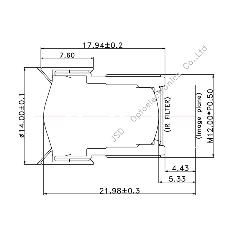 Fiksni fokusni objektiv, 4.26 mm žarišna duljina, otvor f/2.8, 93° široki kut, struktura objekta 3G42
