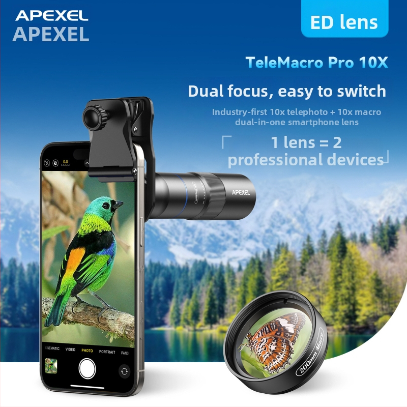 Apexel Apl-tm10x Telefónny teleskop makro objektív pre mobilný telefón, 10x ED objektív, Monokulárny ďalekohľad, Kompatibilný s Apple a Android