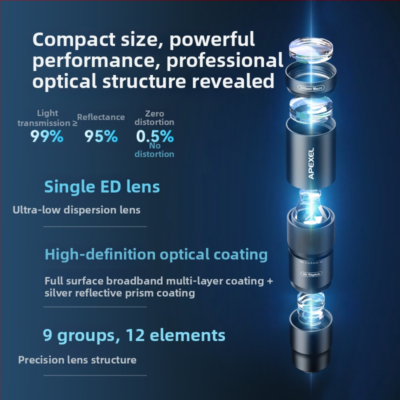Apexel Apl-tm10x Telefónny teleskop makro objektív pre mobilný telefón, 10x ED objektív, Monokulárny ďalekohľad, Kompatibilný s Apple a Android