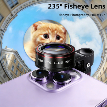 Lentilă externă de cameră pentru telefonul mobil – unghi larg 0,62x, fisheye 235°, macro 25x (trei în unu) – compatibilitate universală