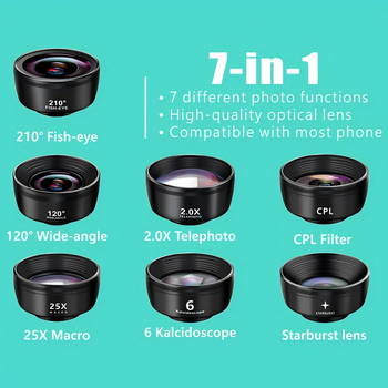 Rikimae L-717 Set lentile pentru telefon, șapte în unu — fisheye, unghi larg, teleconverter, pentru majoritatea telefoanelor