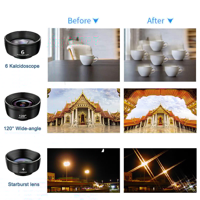 Rikimae L-717 Set lentile pentru telefon, șapte în unu — fisheye, unghi larg, teleconverter, pentru majoritatea telefoanelor