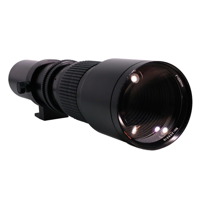 Obiectiv teleobiectiv fix 500 mm — diafragmă maximă F8.0, minimă F32, filtrul 67 mm, distanța minimă de focalizare 10 m, dimensiuni 69×305 mm