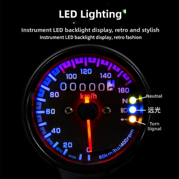 Elektronický tachometer s LED indikátormi, model s tromi svetlami, rozsah 0–160 km, napájanie 12V.