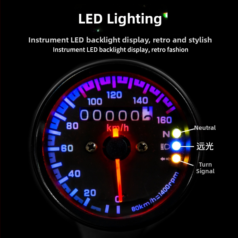 Elektronický tachometer s LED indikátormi, model s tromi svetlami, rozsah 0–160 km, napájanie 12V.