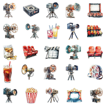 50 kom. naljepnica s motivom retro filmskog projektora za DIY dekoraciju – vodootporne, otisnute, PET materijal, za telefon, bocu s vodom i skateboard