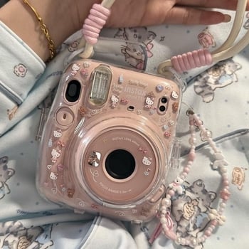 Instax Mini 12 прозрачен кристален калъф — твърд защитен корпус със синджир
